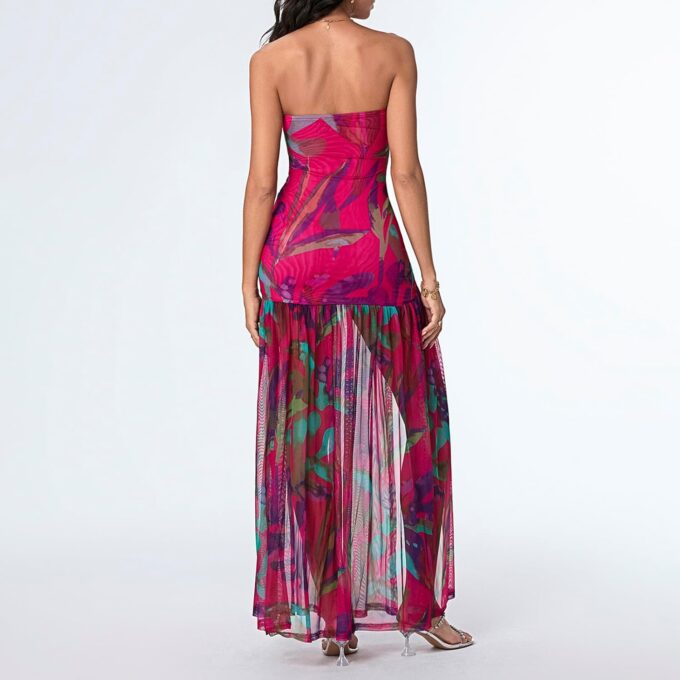 Women's Summer Tube Top Dress Strapless Backless Mesh Patchwork High Slit Maxi Party Dress – Bild 5