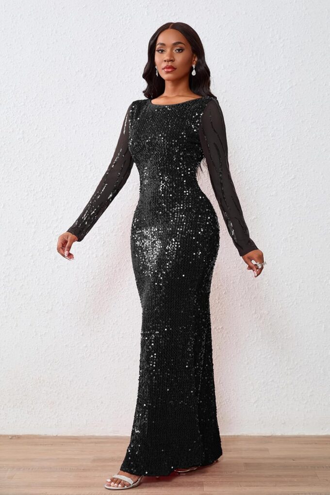 VERWIN Women's Sequins Bodycon Round Neck Long Sleeve Sparkly Mermaid Maxi Dress for Casual Party Cocktail – Bild 5