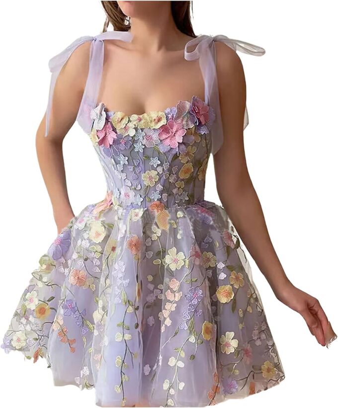 Summer Floral Tie Strap Tulle Prom Dresses for Women 2024 Fairy Embroidery Lace Applique Party Mini Princess Dress (Small, Light Purple)