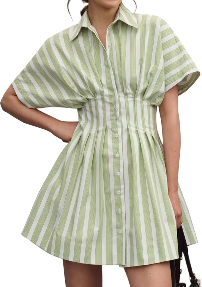 Women’s Button Front Down Pleated Shirt Dress Summer Casual Striped Short Sleeve Blouse Mini Dresses
