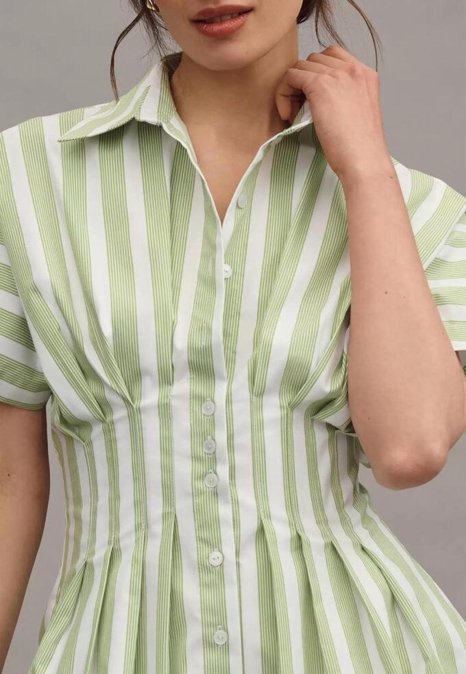 Women’s Button Front Down Pleated Shirt Dress Summer Casual Striped Short Sleeve Blouse Mini Dresses – Bild 2