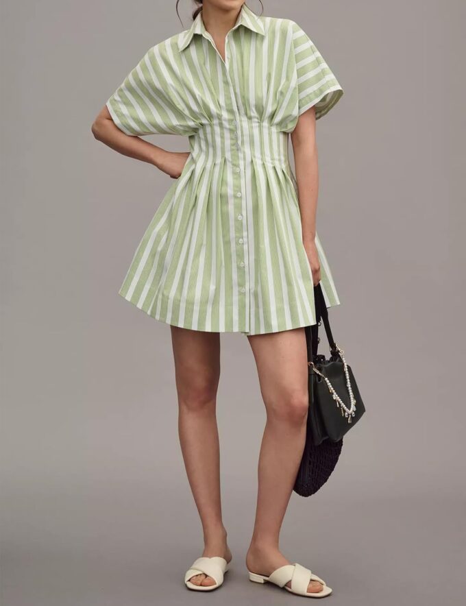 Women’s Button Front Down Pleated Shirt Dress Summer Casual Striped Short Sleeve Blouse Mini Dresses – Bild 3