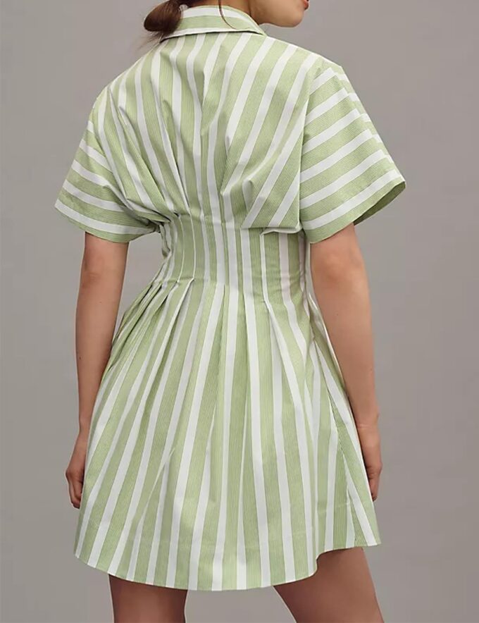 Women’s Button Front Down Pleated Shirt Dress Summer Casual Striped Short Sleeve Blouse Mini Dresses – Bild 4