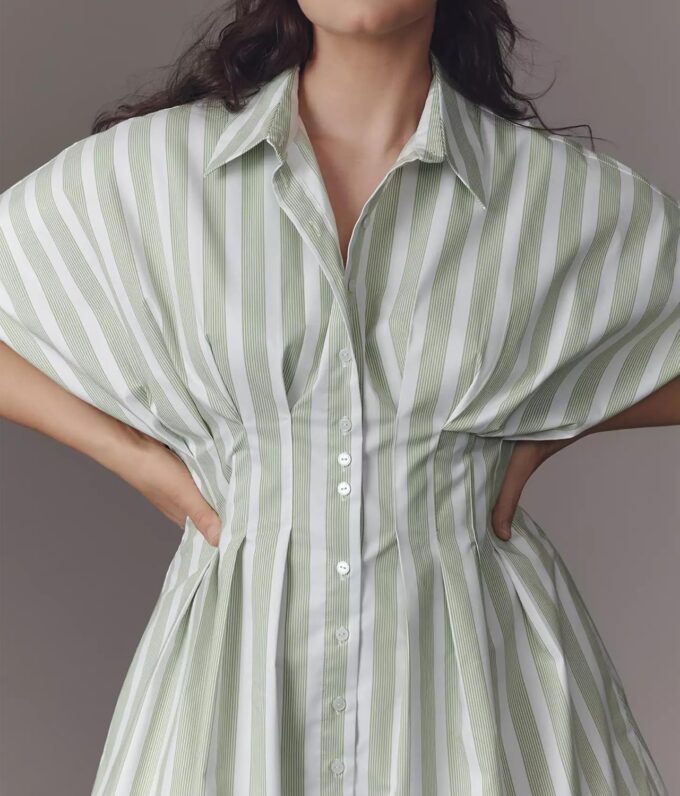 Women’s Button Front Down Pleated Shirt Dress Summer Casual Striped Short Sleeve Blouse Mini Dresses – Bild 7