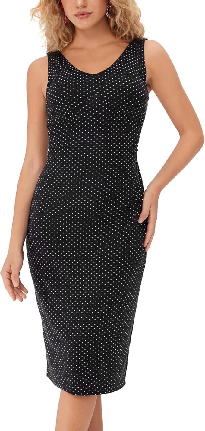 CIDER Polka Dot Bodycon Cocktail Dresses Sleeveless V Neck Midi Dress – Bild 5