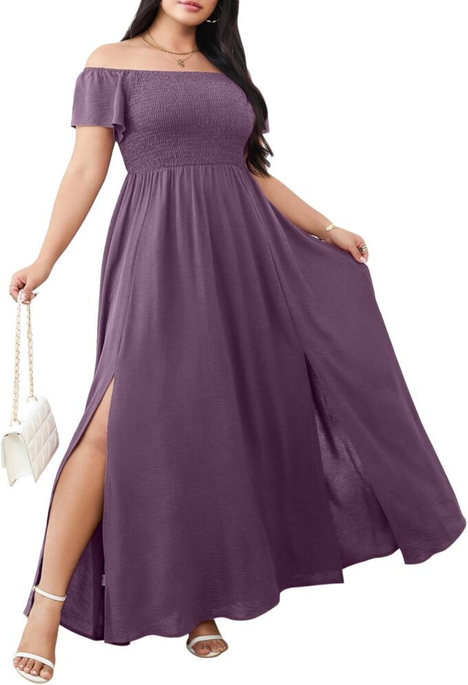 RWJ Womens Plus Size Wedding Guest Dress Summer Off Shoulder Short Sleeve Party Cocktail A-Line Split Long Maxi Dresses