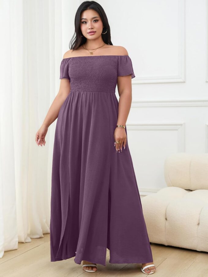 RWJ Womens Plus Size Wedding Guest Dress Summer Off Shoulder Short Sleeve Party Cocktail A-Line Split Long Maxi Dresses – Bild 3