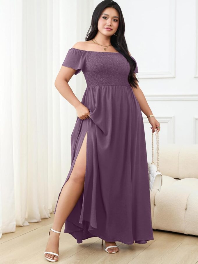 RWJ Womens Plus Size Wedding Guest Dress Summer Off Shoulder Short Sleeve Party Cocktail A-Line Split Long Maxi Dresses – Bild 5
