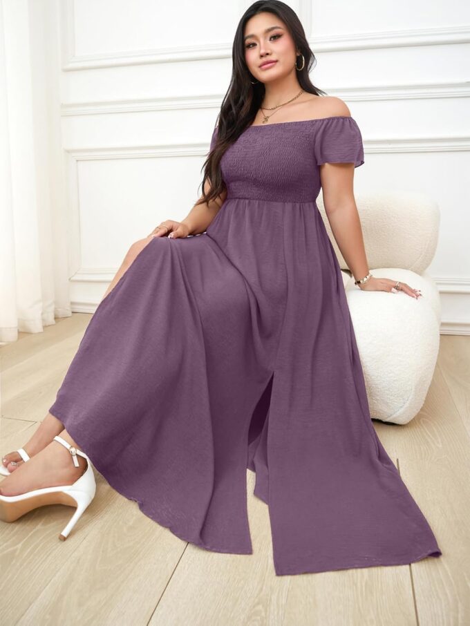 RWJ Womens Plus Size Wedding Guest Dress Summer Off Shoulder Short Sleeve Party Cocktail A-Line Split Long Maxi Dresses – Bild 7