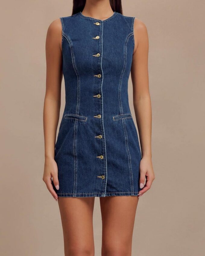 Women's Denim Mini Dress Sleeveless Crewneck Button Up Bodycon Stretchy Casual Jean Tank Dresses – Bild 2