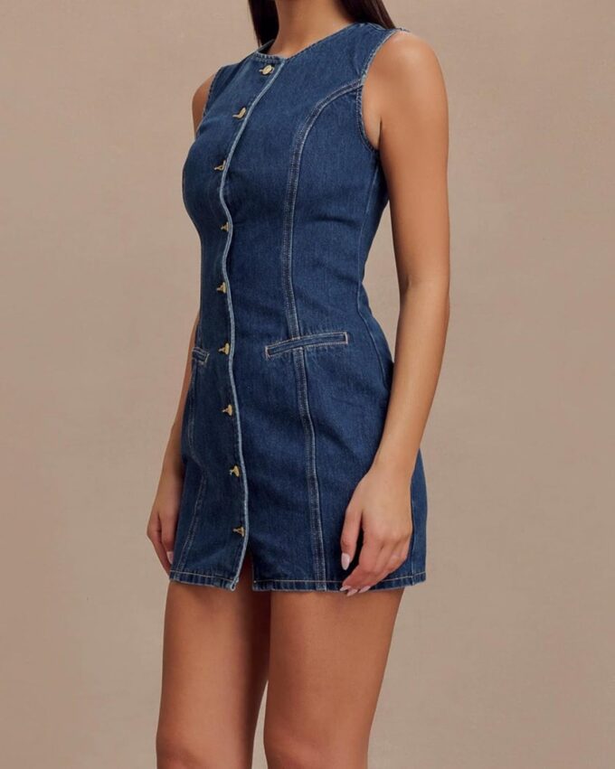 Women's Denim Mini Dress Sleeveless Crewneck Button Up Bodycon Stretchy Casual Jean Tank Dresses – Bild 3