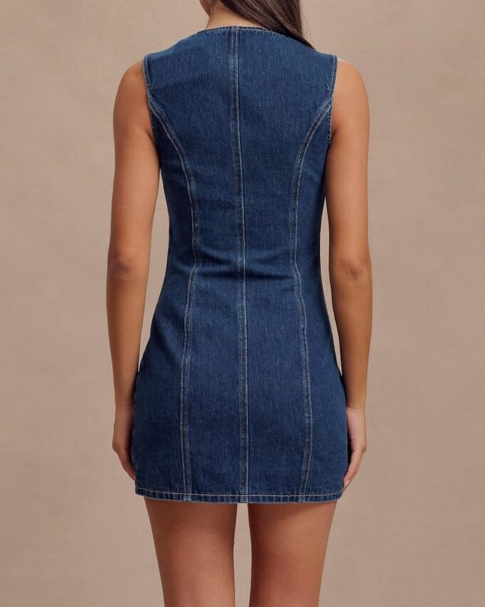 Women's Denim Mini Dress Sleeveless Crewneck Button Up Bodycon Stretchy Casual Jean Tank Dresses – Bild 4