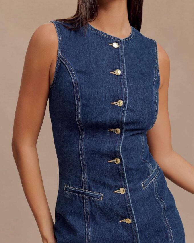 Women's Denim Mini Dress Sleeveless Crewneck Button Up Bodycon Stretchy Casual Jean Tank Dresses – Bild 5