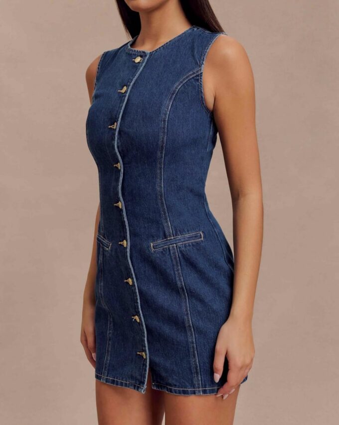 Women's Denim Mini Dress Sleeveless Crewneck Button Up Bodycon Stretchy Casual Jean Tank Dresses – Bild 6