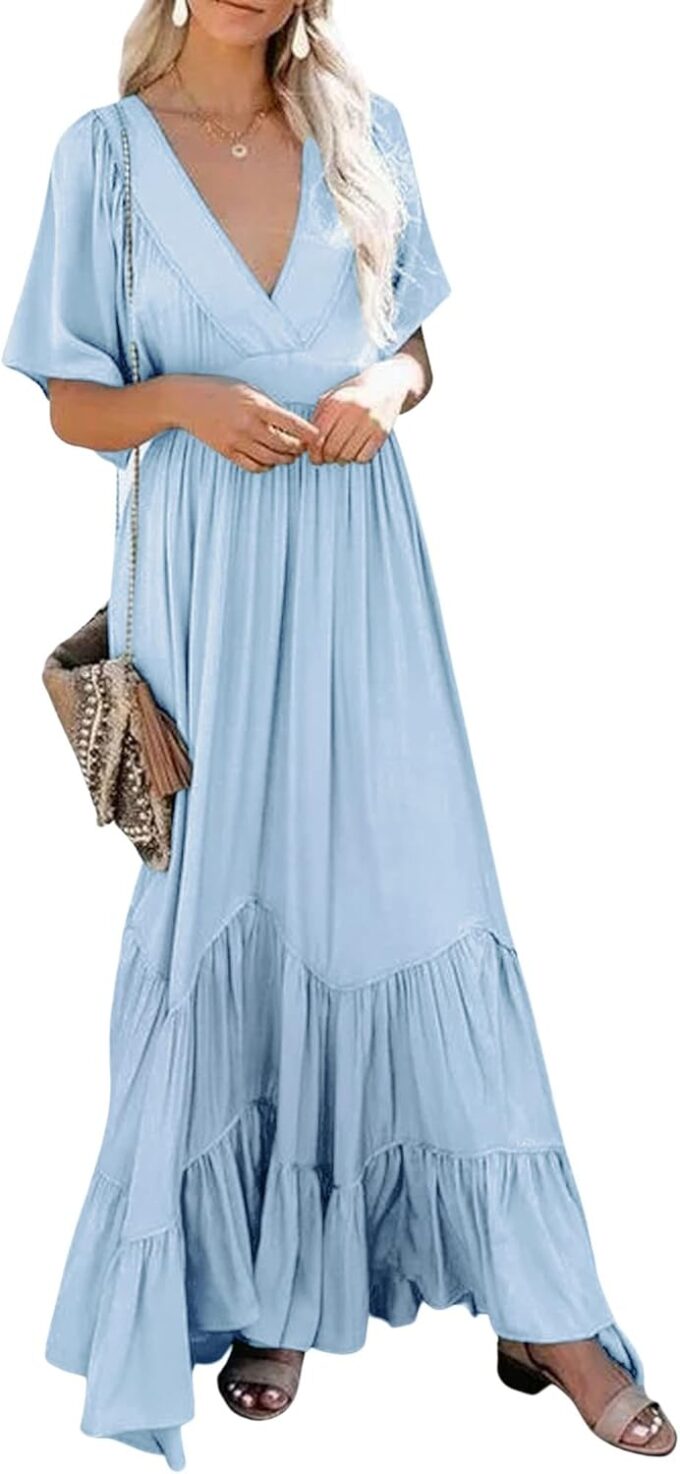 CHARTOU Women's Boho Ruffle Sleeve Flowy Maxi Dress Lace Up Back Tiered Party A Line Dress – Bild 2