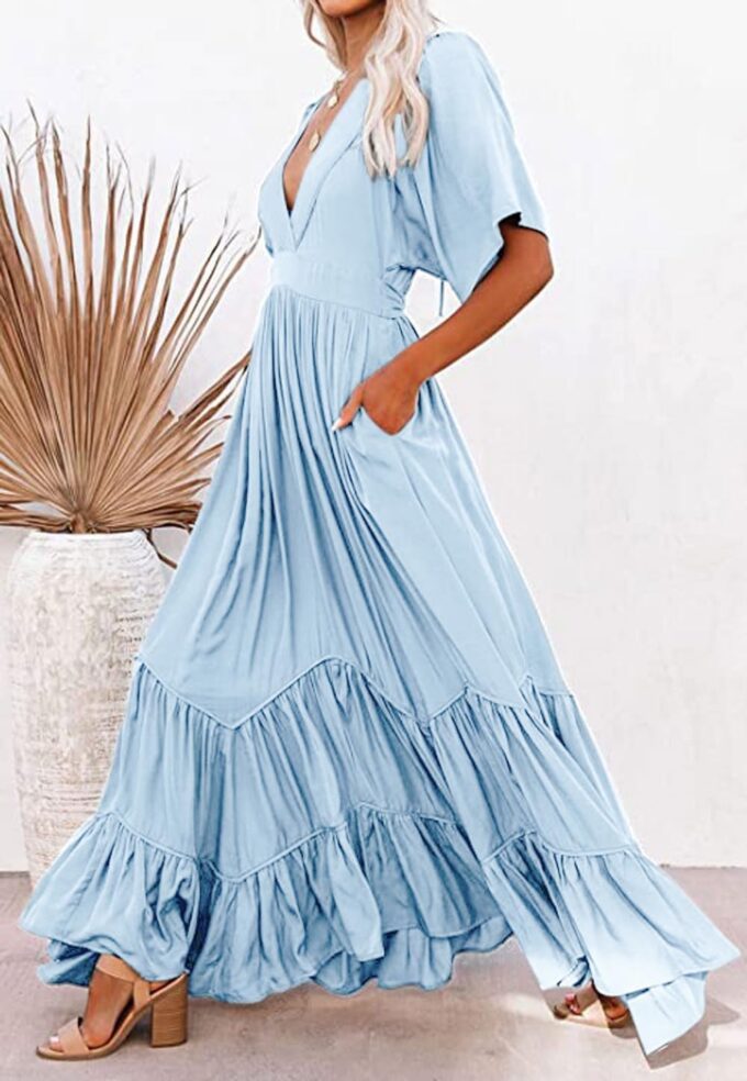 CHARTOU Women's Boho Ruffle Sleeve Flowy Maxi Dress Lace Up Back Tiered Party A Line Dress – Bild 3