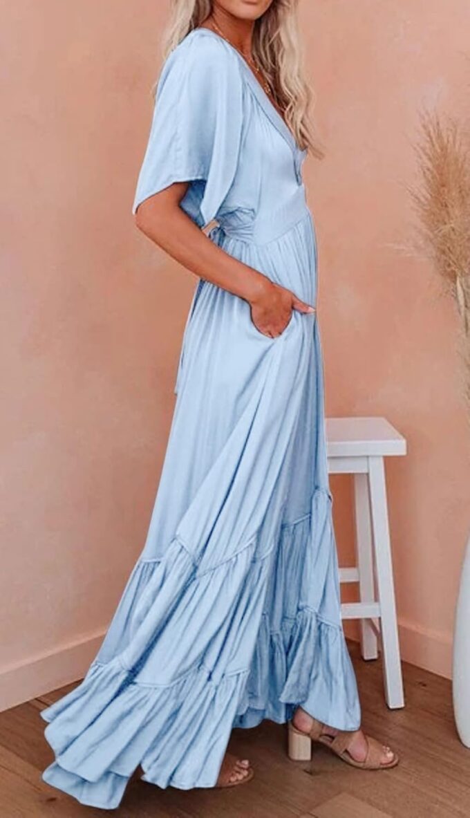 CHARTOU Women's Boho Ruffle Sleeve Flowy Maxi Dress Lace Up Back Tiered Party A Line Dress – Bild 4