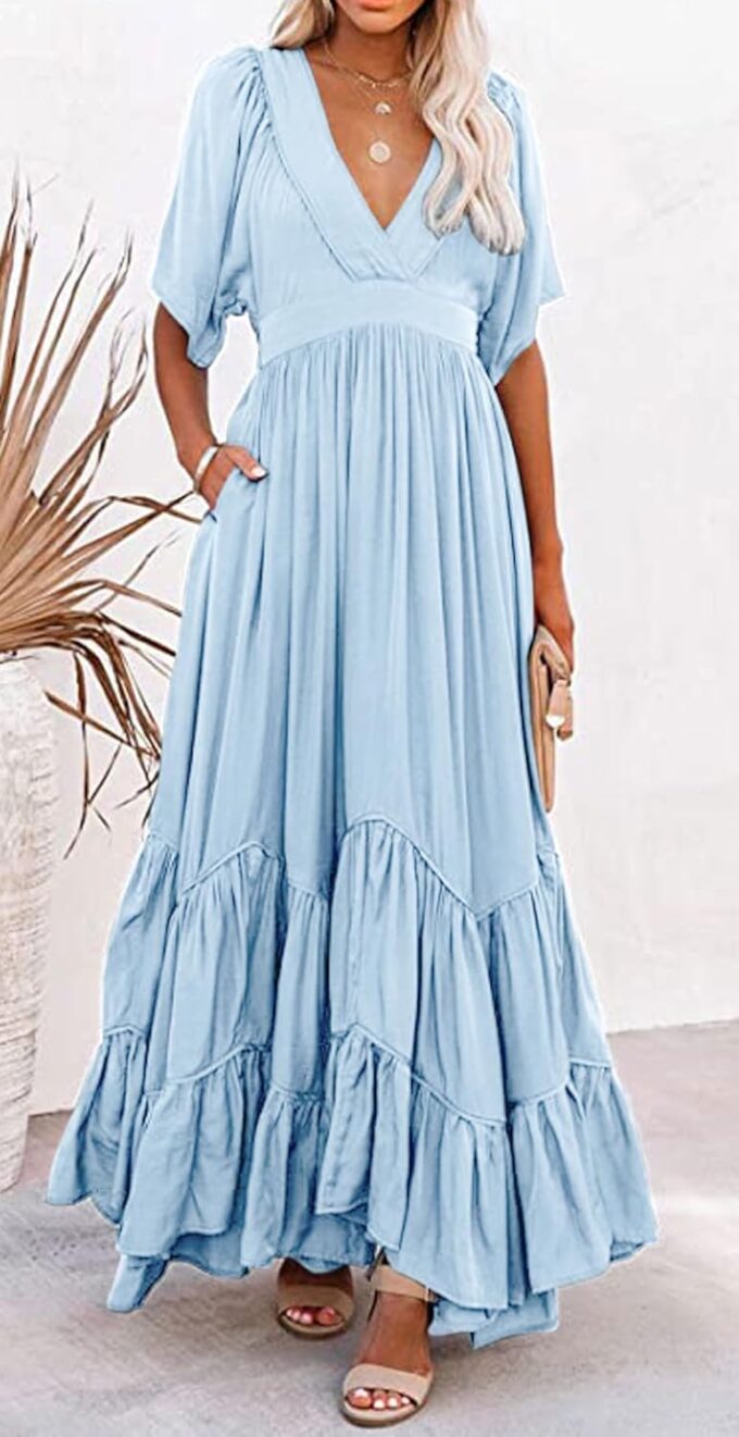 CHARTOU Women's Boho Ruffle Sleeve Flowy Maxi Dress Lace Up Back Tiered Party A Line Dress – Bild 5
