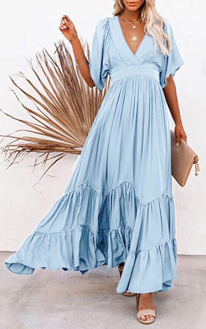 CHARTOU Women's Boho Ruffle Sleeve Flowy Maxi Dress Lace Up Back Tiered Party A Line Dress – Bild 6