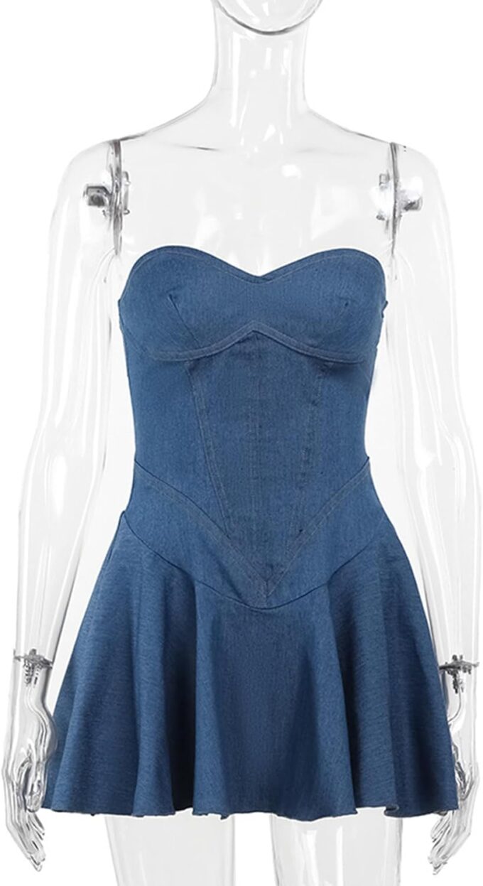 xxxiticat Women's Denim Tube Dress Sleeveless Pleated Skirt Hem Strapless A-Line Flared Off Shoulder Mini Jeans Dresses – Bild 6