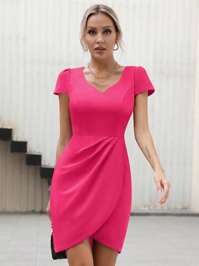 Missufe Women's Short Sleeve Sweetheart Ruched Fitted Wrap Mini Summer Party Formal Dress – Bild 3