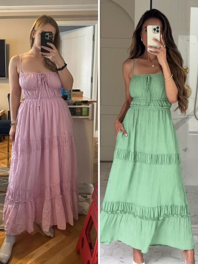 Wenrine Womens Summer Beach Dresses Backless Spaghetti Straps Self Tie Tiered Flowy Casual Maxi Dress with Pockets Pink – Bild 3