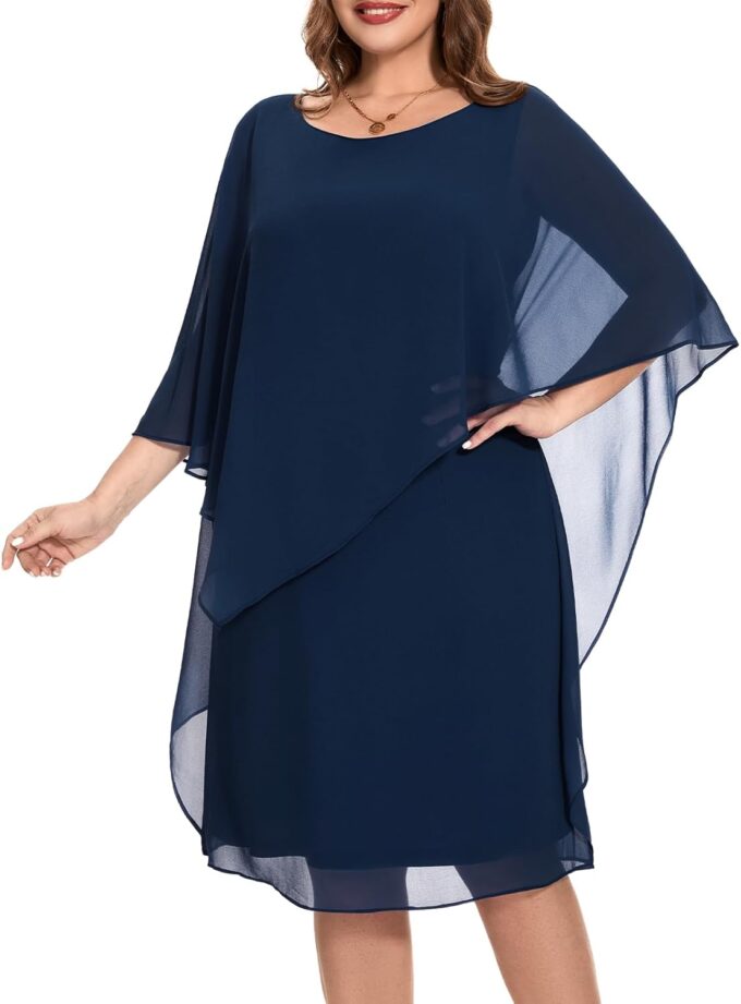 Women Plus Size Cape Dress with Chiffon Overlay Sleeveless Cocktail Party Wedding Guest Dress