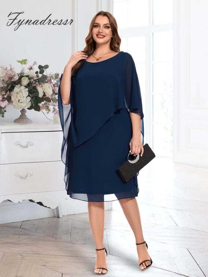 Women Plus Size Cape Dress with Chiffon Overlay Sleeveless Cocktail Party Wedding Guest Dress – Bild 3