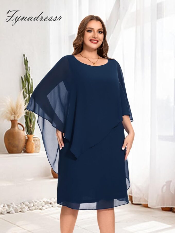 Women Plus Size Cape Dress with Chiffon Overlay Sleeveless Cocktail Party Wedding Guest Dress – Bild 4