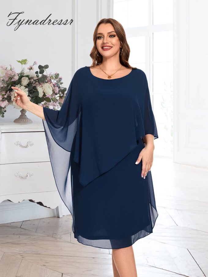 Women Plus Size Cape Dress with Chiffon Overlay Sleeveless Cocktail Party Wedding Guest Dress – Bild 6