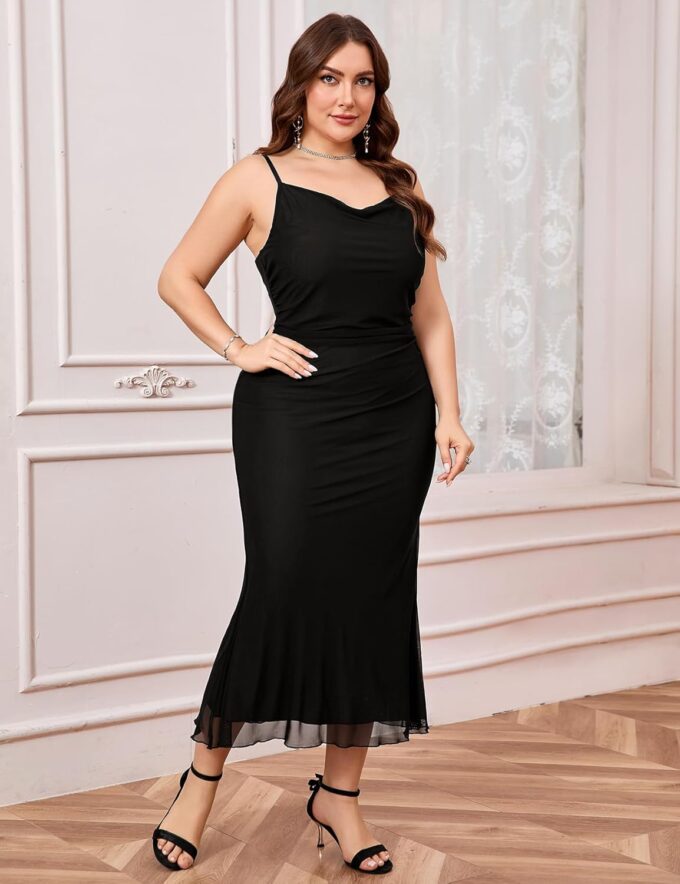 CYCLAMEN Plus Size Mesh Mermaid Dress Ruched Spaghetti Strap Fitted Sleeveless Cami Dresses Cocktail Party Wedding Guest – Bild 6