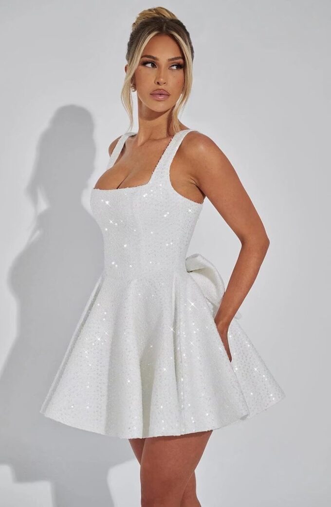 Dessiny Square Neck Sequin Homecoming Dresses Spaghetti Strap Cocktail Party Dresses with Bow DE334 – Bild 2