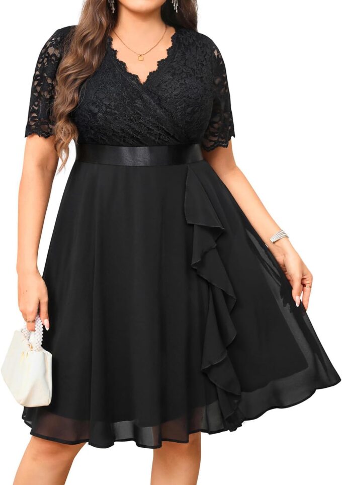 Plus Size Wedding Guest Dress - Formal Cocktail Party Ruffle Elegant Tea Length Lace Chiffon V Neck Midi Dresses