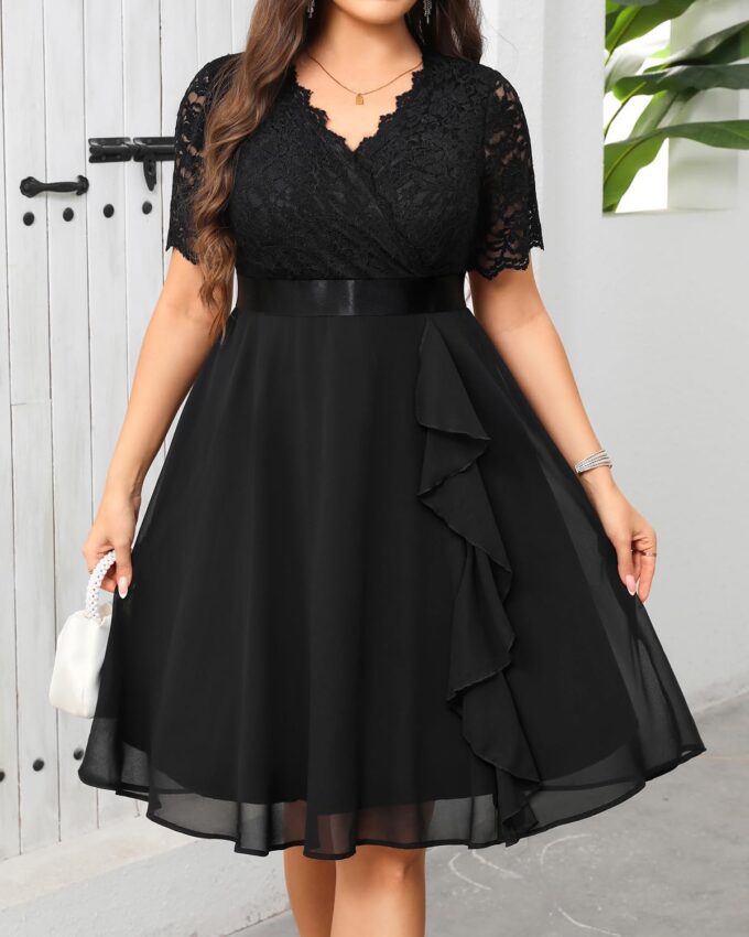 Plus Size Wedding Guest Dress - Formal Cocktail Party Ruffle Elegant Tea Length Lace Chiffon V Neck Midi Dresses – Bild 3