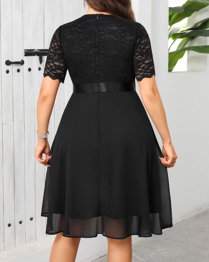 Plus Size Wedding Guest Dress - Formal Cocktail Party Ruffle Elegant Tea Length Lace Chiffon V Neck Midi Dresses – Bild 4