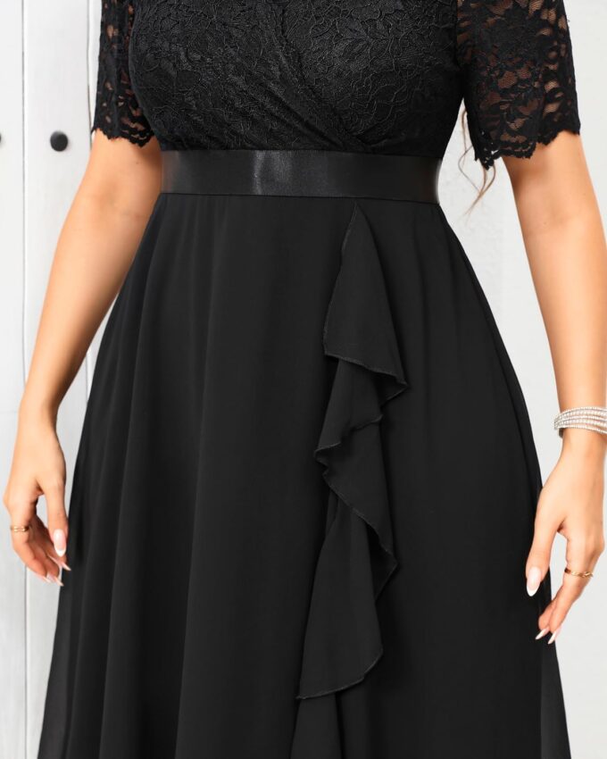 Plus Size Wedding Guest Dress - Formal Cocktail Party Ruffle Elegant Tea Length Lace Chiffon V Neck Midi Dresses – Bild 5