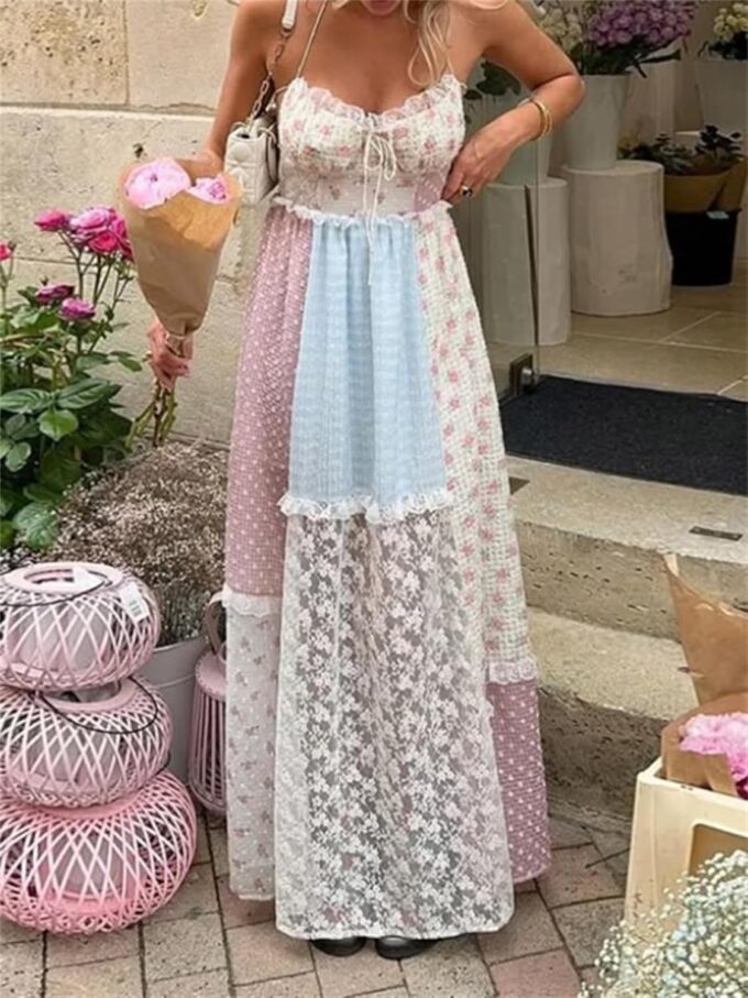 Women Boho Floral Smocked Maxi Dress Y2k Patchwork Lace Layered Long Beach Dress Casual Flowy Summer Sundress – Bild 2