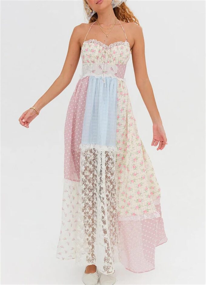 Women Boho Floral Smocked Maxi Dress Y2k Patchwork Lace Layered Long Beach Dress Casual Flowy Summer Sundress – Bild 3