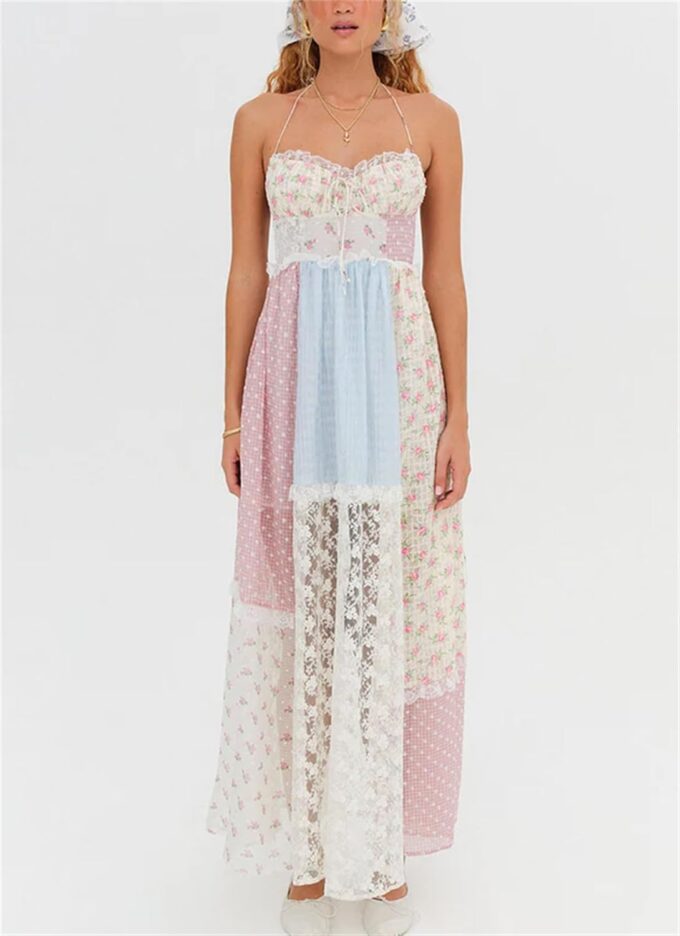 Women Boho Floral Smocked Maxi Dress Y2k Patchwork Lace Layered Long Beach Dress Casual Flowy Summer Sundress – Bild 6