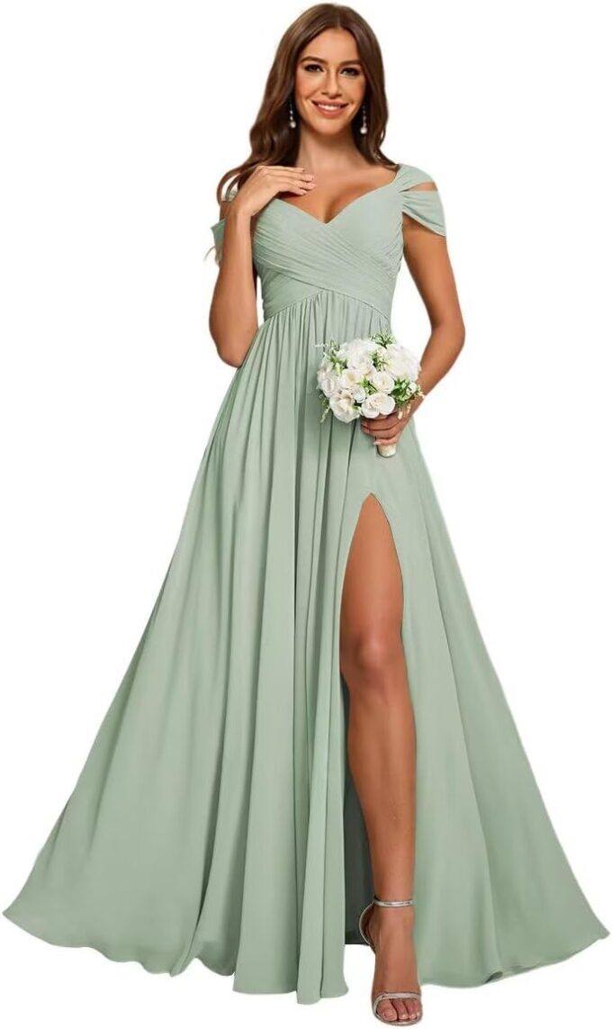Women's Off Shoulder Ruched Bridesmaid Dresses Long with Pockets Slit Chiffon Formal Evening Dress VS180