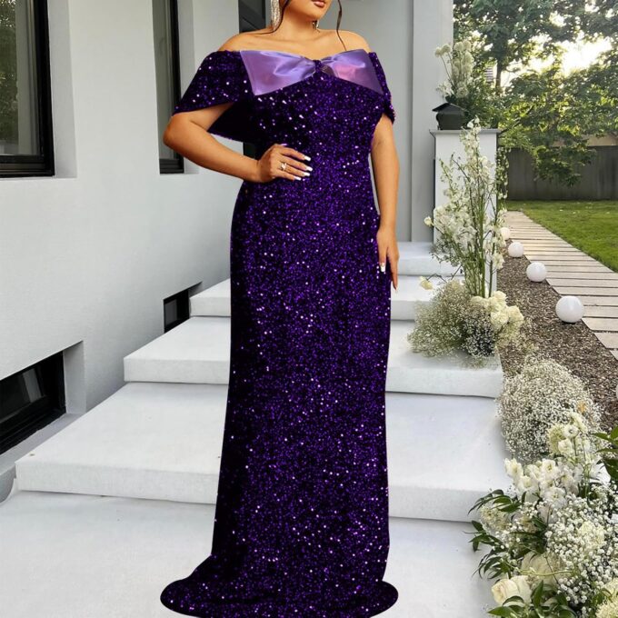 Women's Sexy Off Shoulder Short Sleeve Sequin Floor Length Bodycon Cocktail Evening Gown Party Maxi Dress – Bild 2