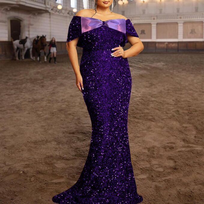 Women's Sexy Off Shoulder Short Sleeve Sequin Floor Length Bodycon Cocktail Evening Gown Party Maxi Dress – Bild 4