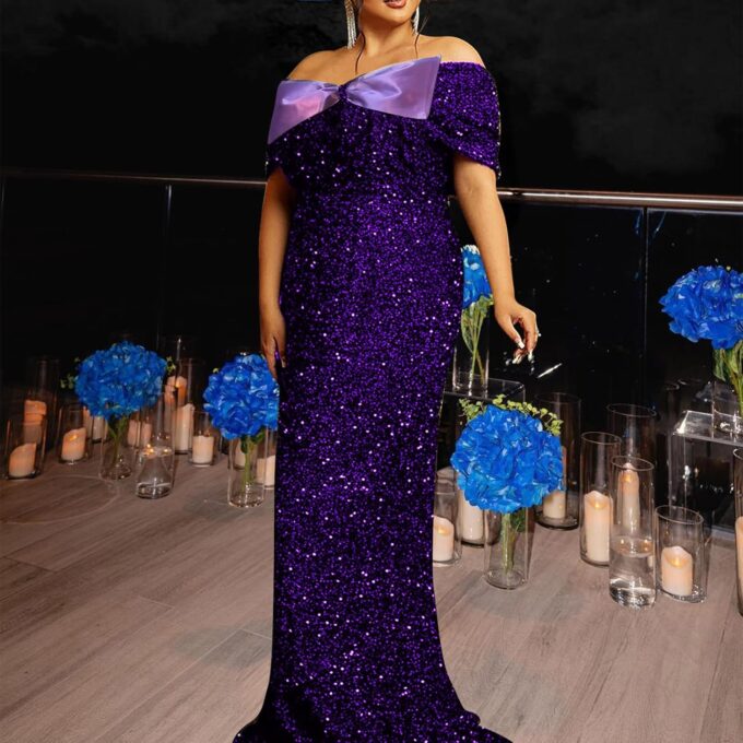 Women's Sexy Off Shoulder Short Sleeve Sequin Floor Length Bodycon Cocktail Evening Gown Party Maxi Dress – Bild 6