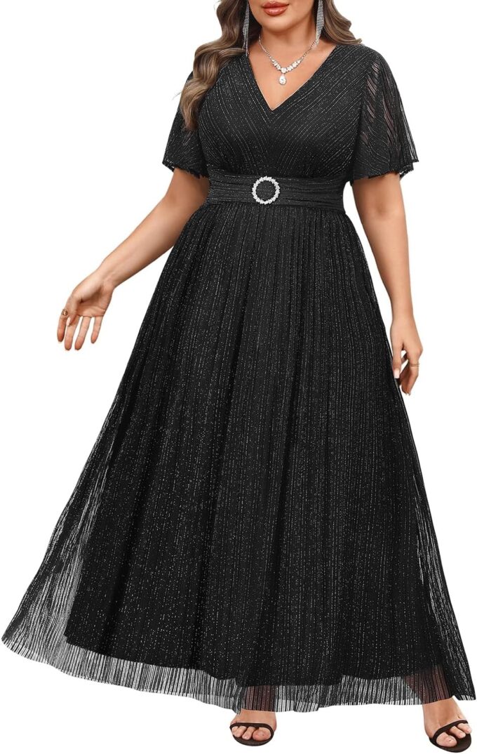 Plus Size Formal Dresses - Wedding Guest Evening Gown Sparkly Sequin Prom Gala Ball Maxi Dress with Short Sleeves