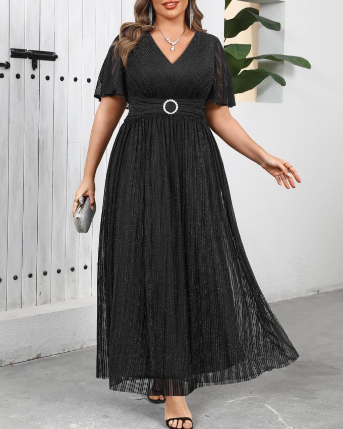 Plus Size Formal Dresses - Wedding Guest Evening Gown Sparkly Sequin Prom Gala Ball Maxi Dress with Short Sleeves – Bild 3