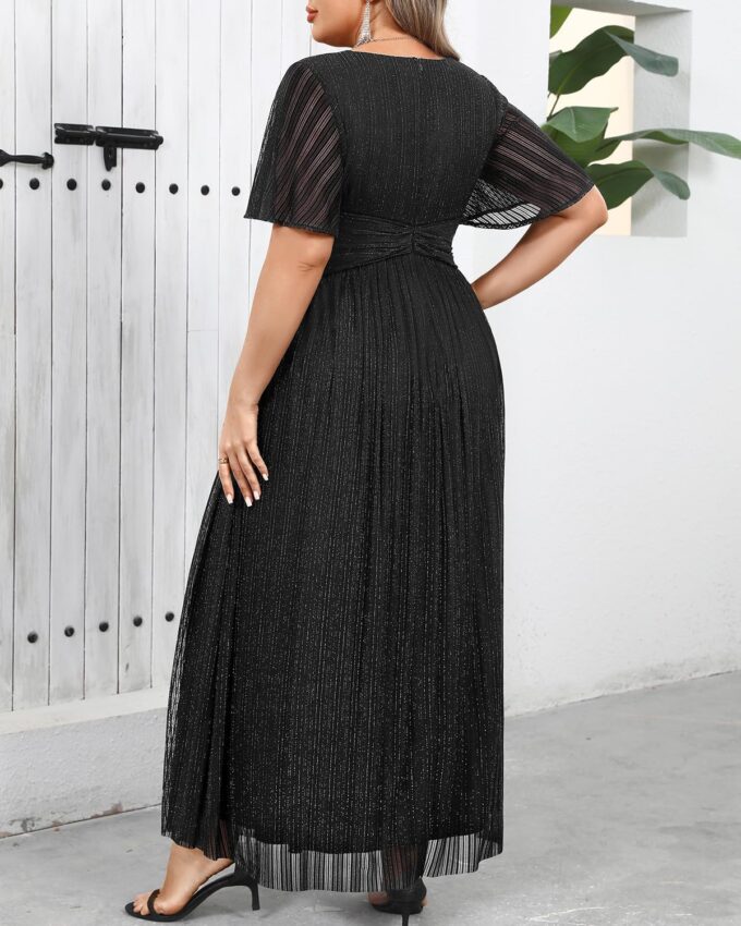 Plus Size Formal Dresses - Wedding Guest Evening Gown Sparkly Sequin Prom Gala Ball Maxi Dress with Short Sleeves – Bild 4