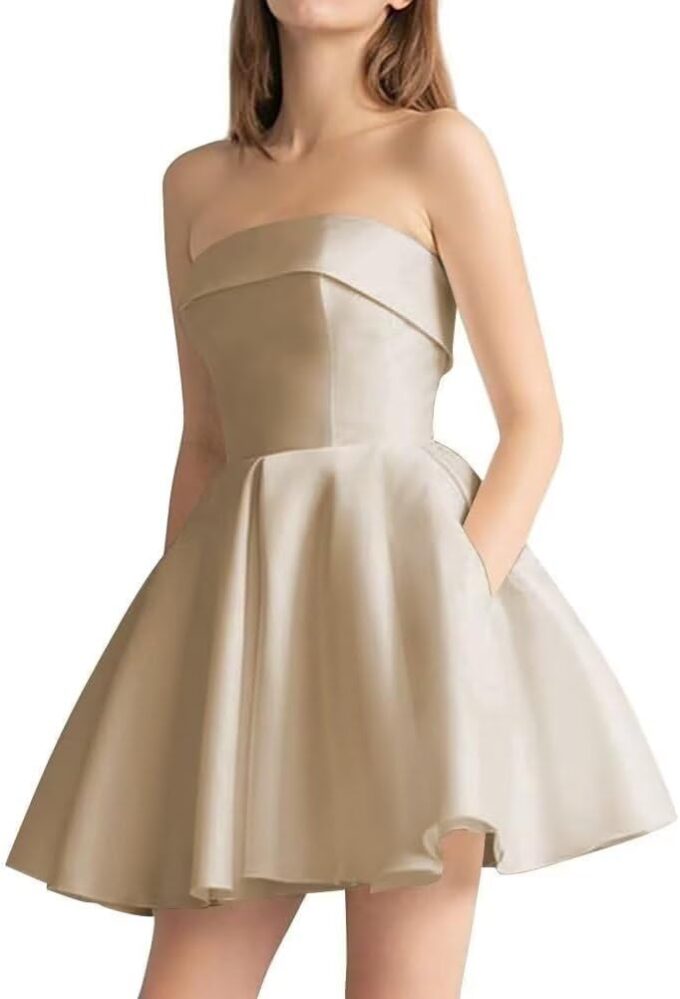Tvuyet Strapless Homecoming Dresses for Teens 2025 Satin A Line Short Prom Dress with Pockets Formal Evening Gowns