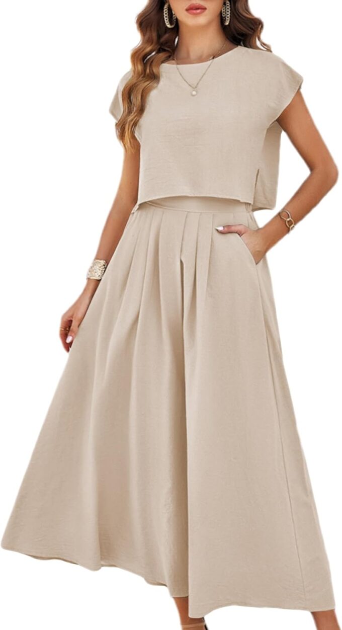 Mingzhu Womens 2 Piece Outfits Skirt Set Summer Casual Cap Sleeve Crop Tops Maxi Dress Sets with Pockets