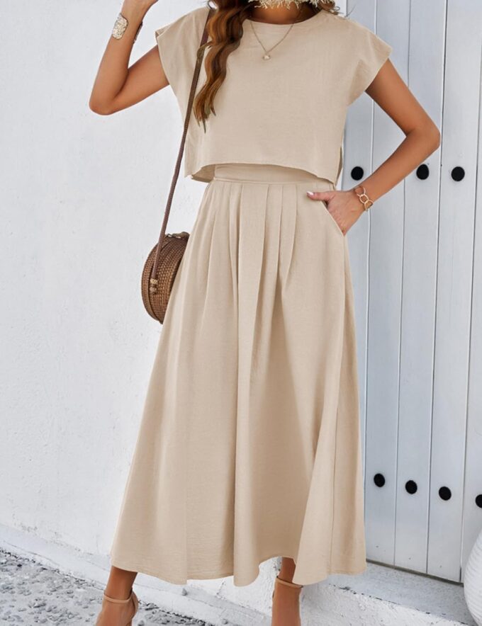 Mingzhu Womens 2 Piece Outfits Skirt Set Summer Casual Cap Sleeve Crop Tops Maxi Dress Sets with Pockets – Bild 2