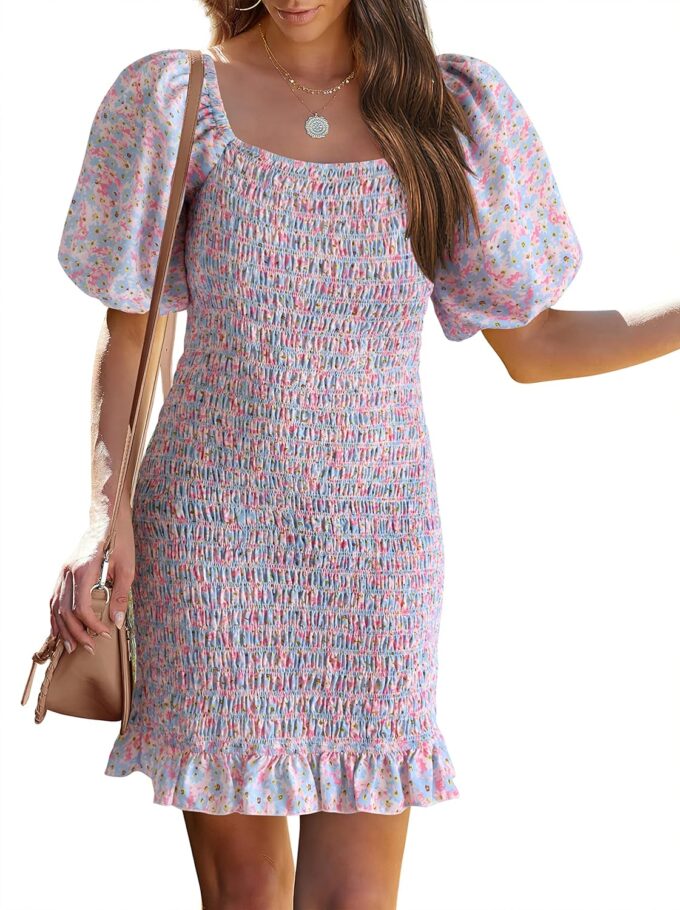 PRETTYGARDEN Women's 2025 Summer Floral Puff Sleeve Mini Dress Square Neck Ruffle Hem Bodycon Dresses Smocked Dress Women
